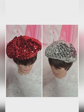 Red & Silver Sequin Beret Beanie Hats Bundle Of 2 One Size